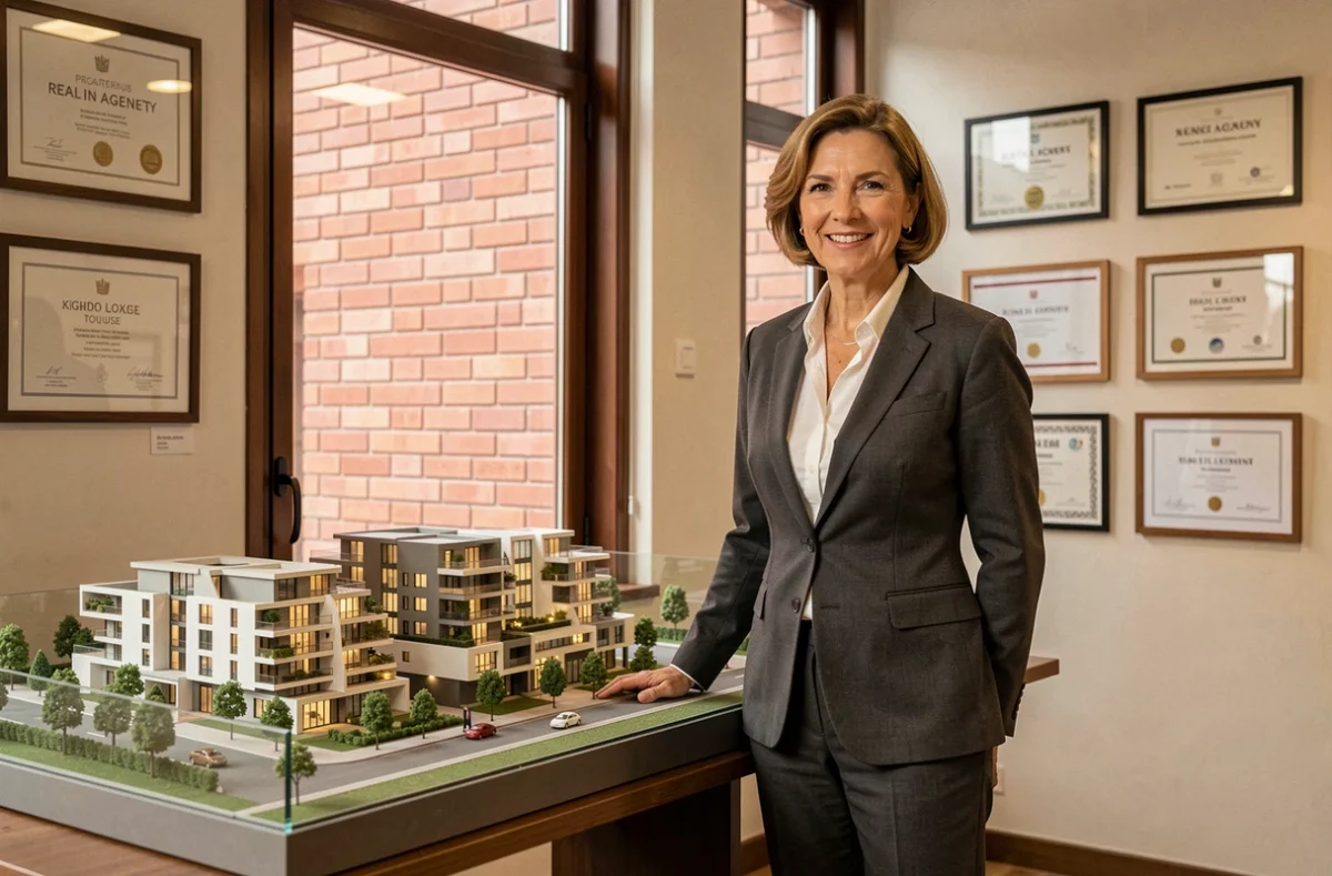 Agence Nacarat à Toulouse, une conseillère sénior se tient devant une maquette architecturale dans un showroom immobilier haut de gamme