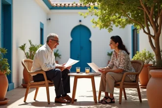 Propriétaire et locataire en train de négocier le loyer d'une maison avec jardin à Essaouira autour d'une table en bois dans une cour marocaine