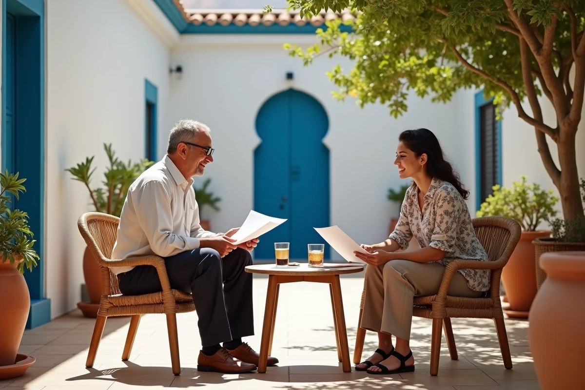 Propriétaire et locataire en train de négocier le loyer d'une maison avec jardin à Essaouira autour d'une table en bois dans une cour marocaine