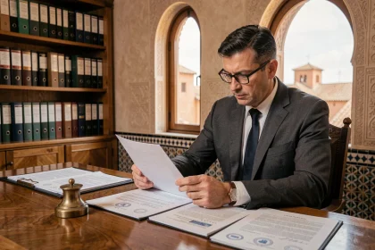 Notaire marocain examinant un contrat de vente immobilière dans son bureau à Marrakech
