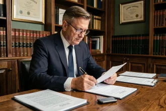 Notaire examinant un contrat de viager dans son étude parisienne