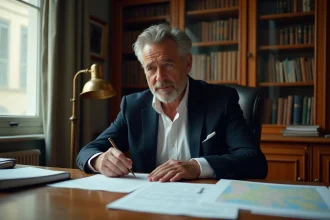 Notaire français examinant des documents de cession de terrain gratuite sur un bureau en chêne dans un office notarial classique