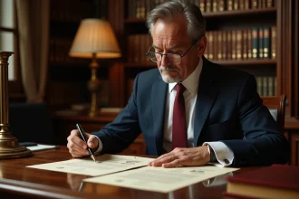Notaire à Limoges examinant un document officiel de donation et partage familial dans son étude