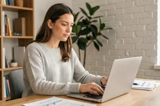 Femme consultant son attestation d'assurance habitation sur un ordinateur portable dans un bureau à domicile