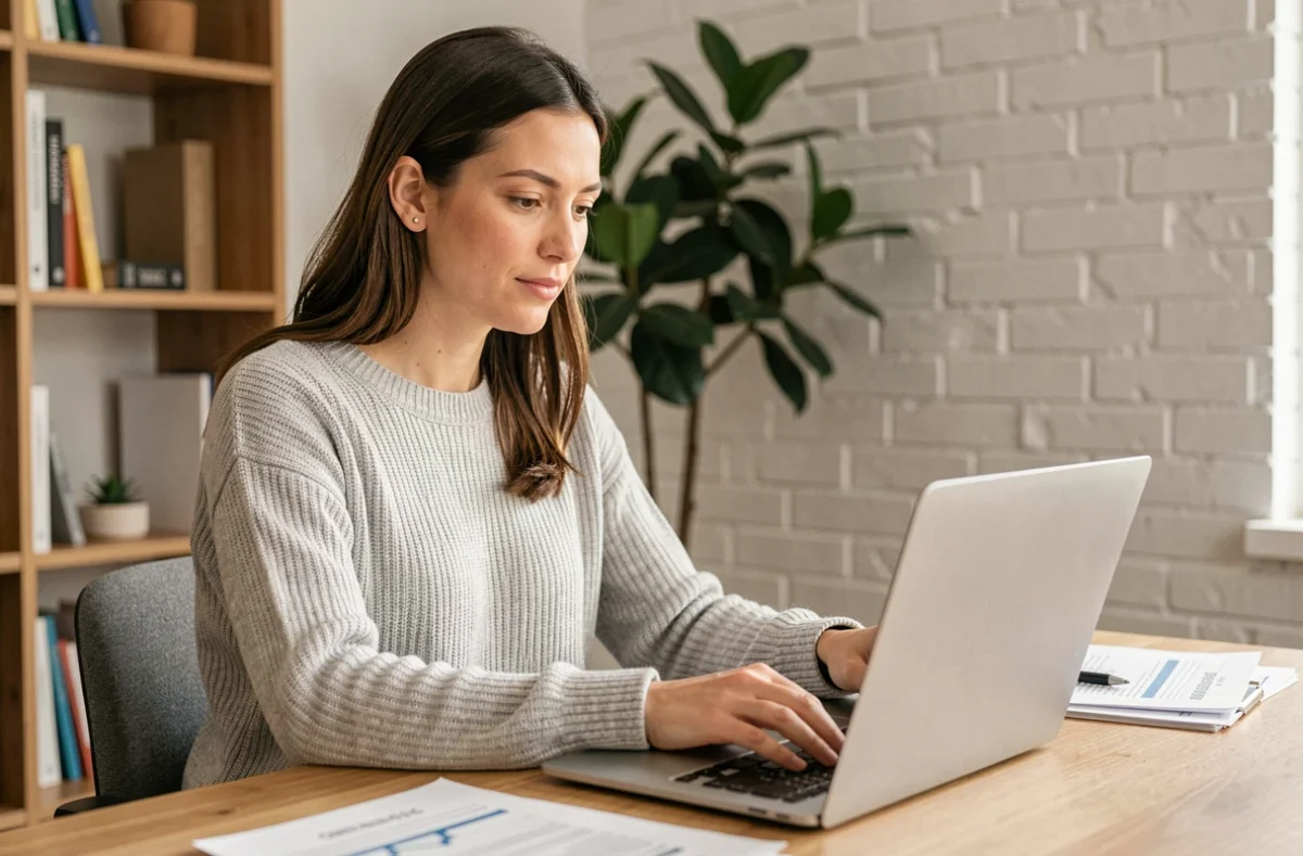 Femme consultant son attestation d'assurance habitation sur un ordinateur portable dans un bureau à domicile