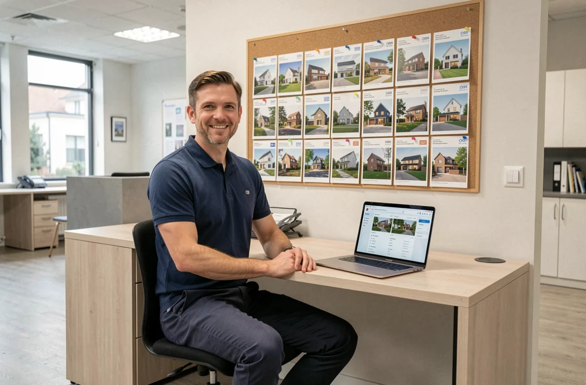 Agent Orpi Bordeaux dans un bureau moderne avec tableau de biens immobiliers en arrière-plan