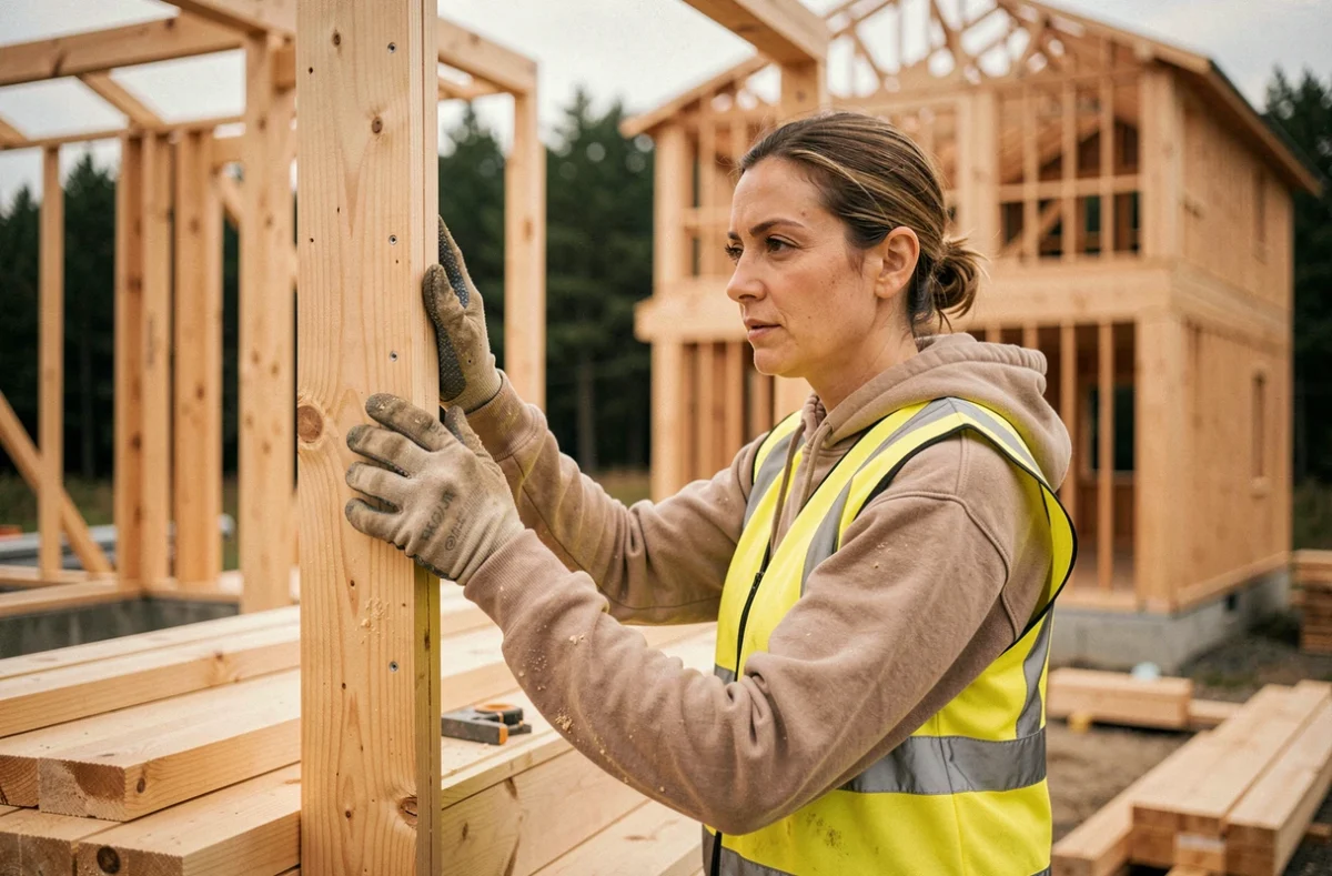 Ouvrière assemblant des panneaux préfabriqués en bois sur un chantier de maison à ossature bois