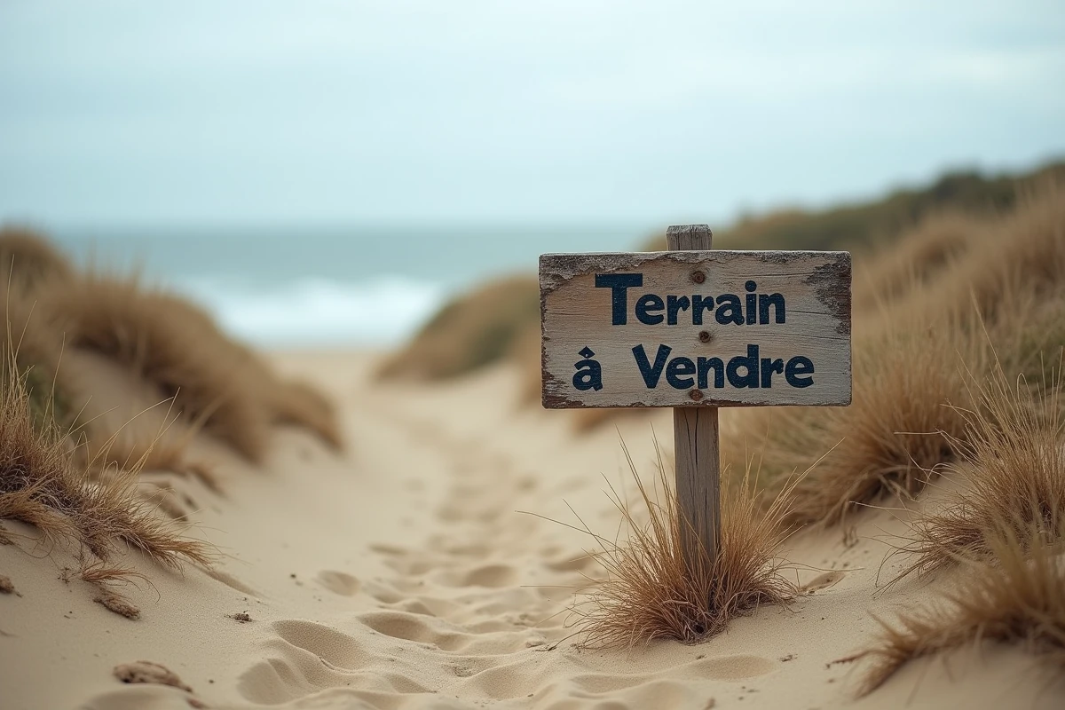 Panneau terrain à vendre planté dans un sol sablonneux en bord de mer avec végétation côtière sauvage