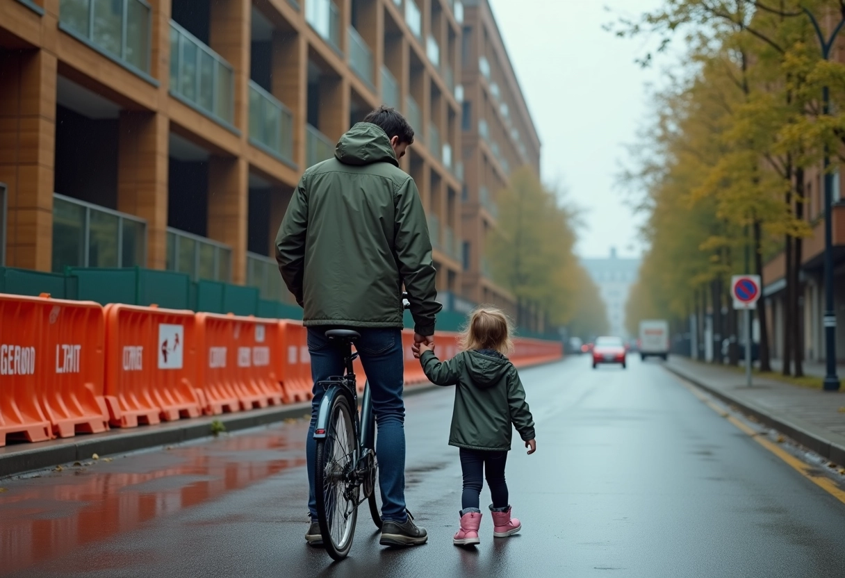 Père et fille dans un ecoquartier en construction