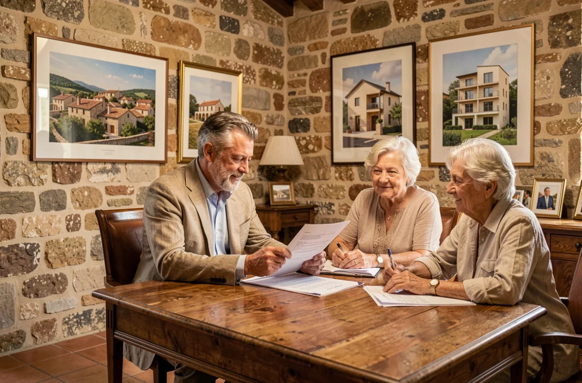 Agence Patrimoine Languedoc Immobilier, un conseiller examine un document officiel avec un couple dans un bureau aux accents régionaux du Languedoc