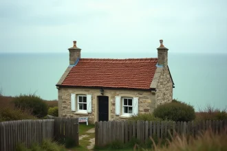 Petite maison normande en pierre à vendre avec vue mer dégagée sur la Manche depuis le jardin