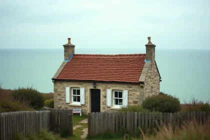 Petite maison normande en pierre à vendre avec vue mer dégagée sur la Manche depuis le jardin
