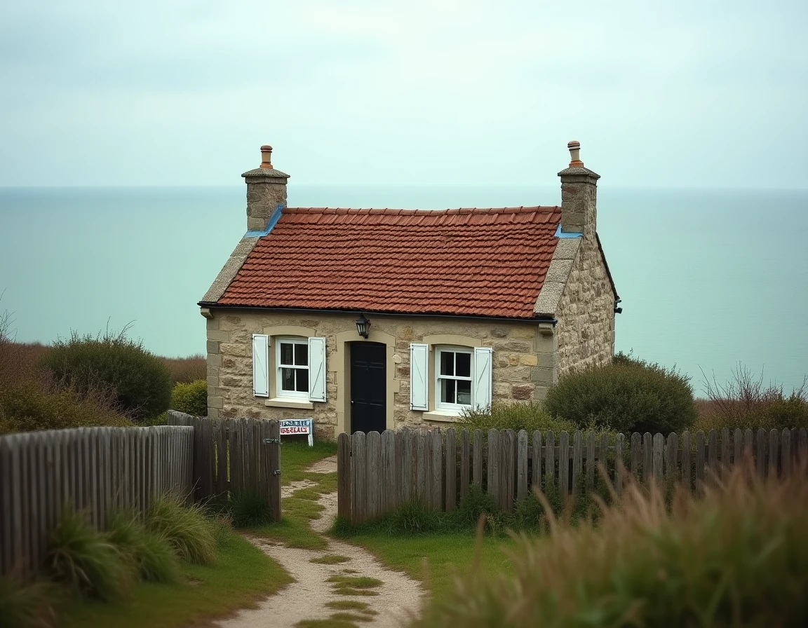 Petite maison normande en pierre à vendre avec vue mer dégagée sur la Manche depuis le jardin