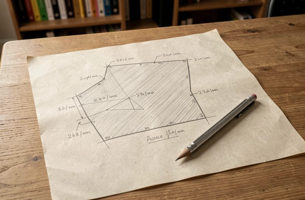 Plan cadastral dessiné à la main sur papier avec annotations de mesures en mètres pour calculer la surface d'un terrain irrégulier