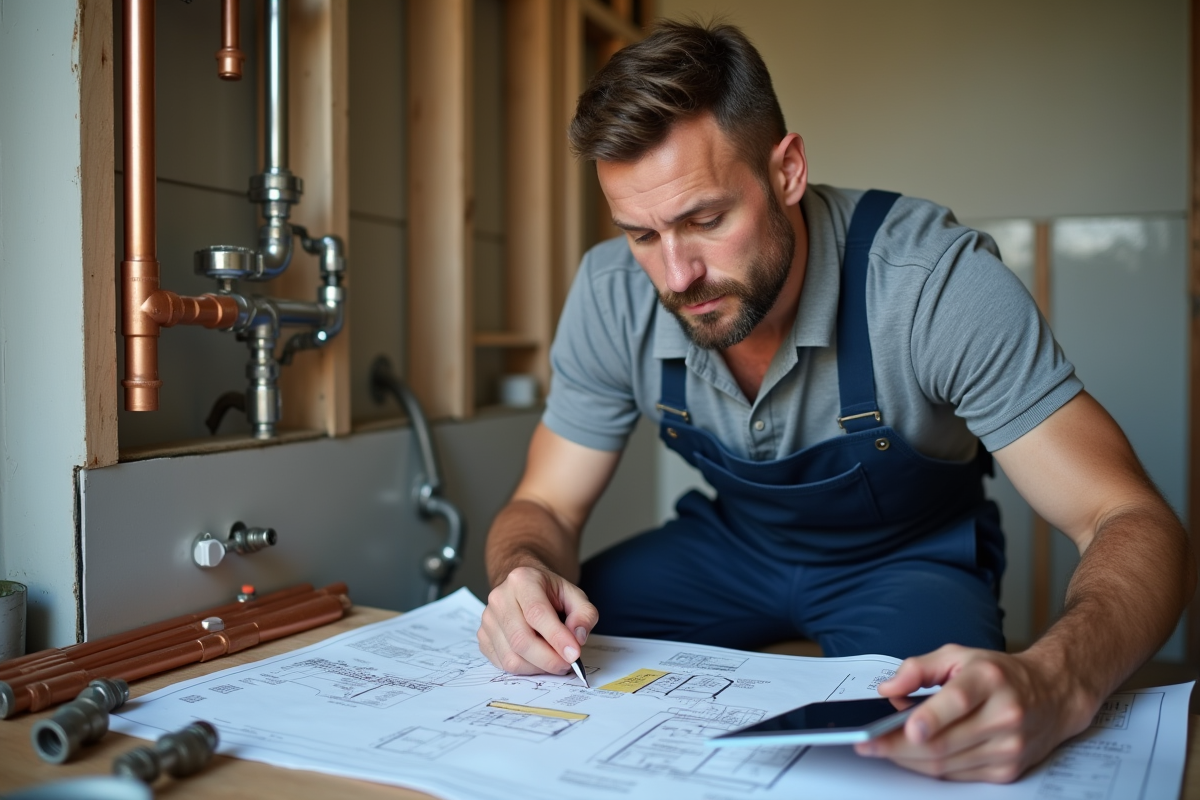Plombier en train d'étudier des plans dans un chantier