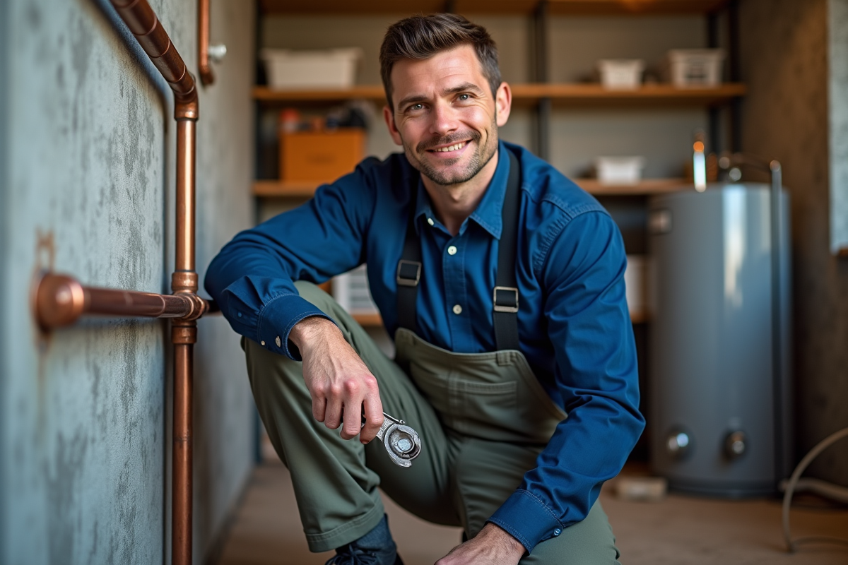 Plombier homme moyen age examine tuyau cuivre dans sous-sol