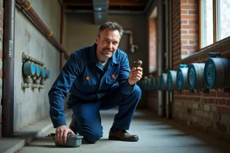 Plombier en tenue kneeling près d'une canalisation dans un sous-sol