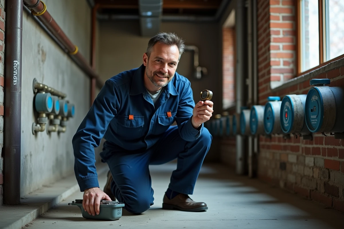 Plombier en tenue kneeling pr&egrave;s d'une canalisation dans un sous-sol