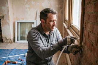 Artisan posant un joint d'étanchéité autour d'un cadre de fenêtre en bois lors d'une rénovation intérieure