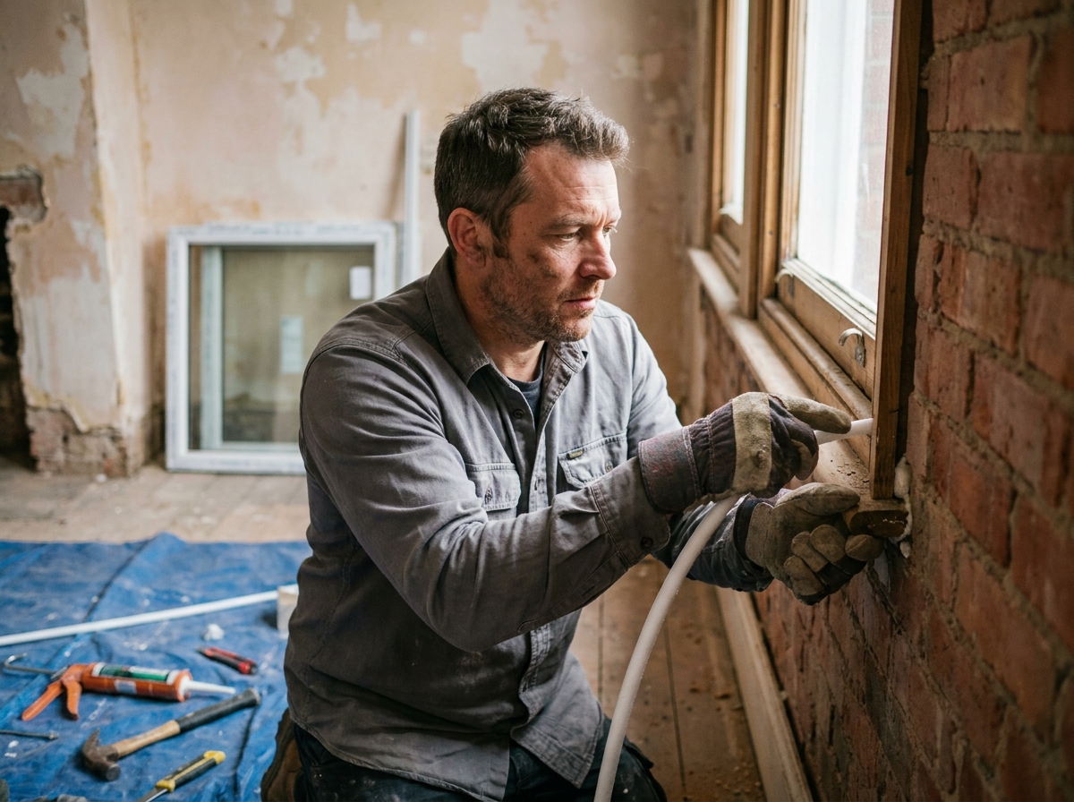 Artisan posant un joint d'étanchéité autour d'un cadre de fenêtre en bois lors d'une rénovation intérieure
