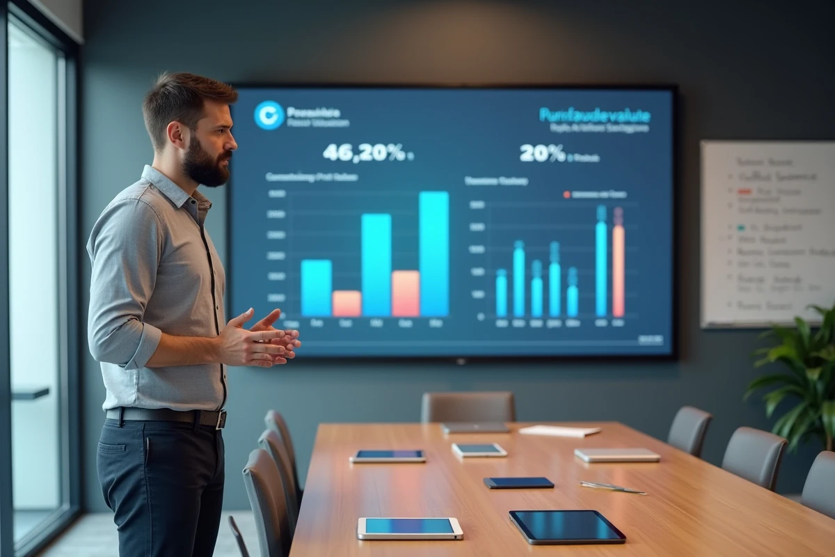 Consultant présentant des scénarios d'estimation automatisée sur un écran interactif dans une salle de réunion high-tech