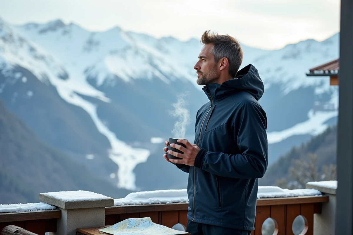Homme sur la terrasse d'un appartement en Andorre contemplant les pistes de ski au lever du matin