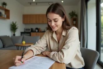 Propriétaire débutante vérifiant une liste de mobilier pour location meublée dans un appartement fraîchement aménagé