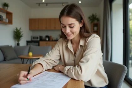 Propriétaire débutante vérifiant une liste de mobilier pour location meublée dans un appartement fraîchement aménagé