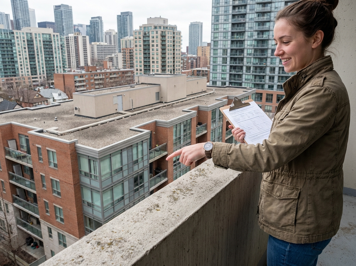 Jeune femme inspectant le toit depuis le balcon