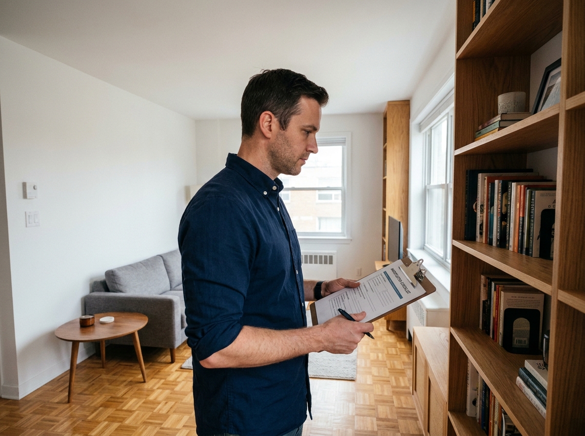 Propriétaire vérifiant l'inventaire des meubles dans un appartement en location meublée