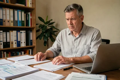 Propriétaire immobilier examinant des formulaires de taxe sur les logements vacants à son bureau à domicile