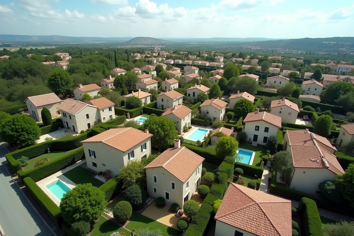 Vue aérienne d'un quartier résidentiel de Béziers avec jardins privatifs, toits en tuiles et rues arborées typiques de l'Hérault