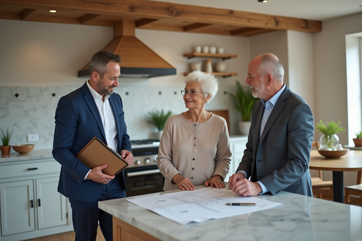 Homme d affaires discutant avec un couple dans une cuisine moderne