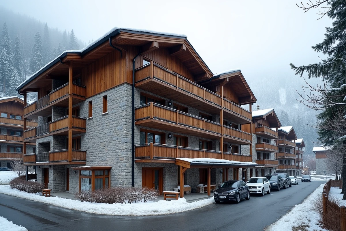 Résidence de tourisme Pierre et Vacances en montagne avec façade bois et pierre sous la neige