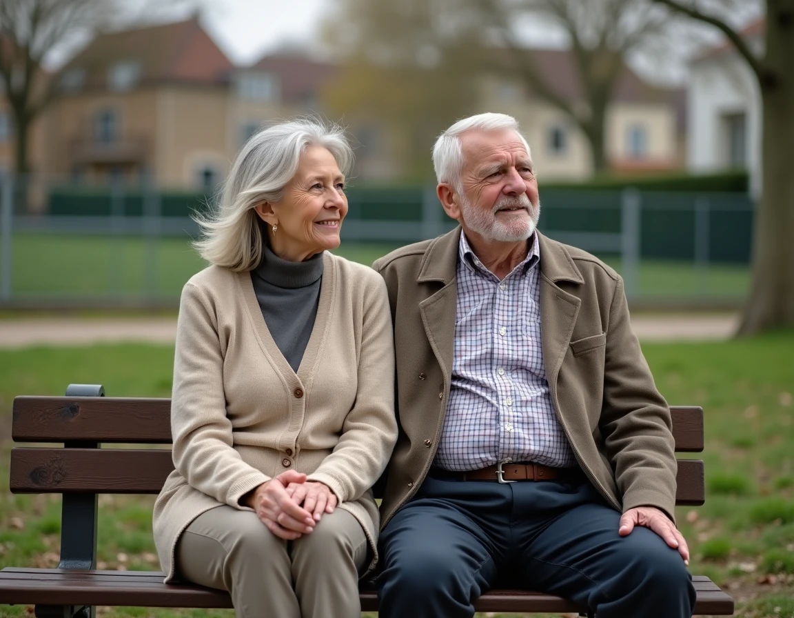 Couple de retraités assis sur un banc dans un parc de quartier à Bourges, observant leur environnement