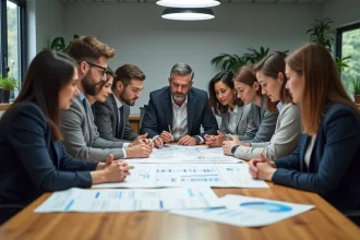 Groupe de collègues en réunion autour de plans architecturaux
