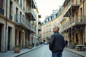 Rue en rénovation dans un quartier de Besançon avec façades haussmanniennes et échafaudages modernes
