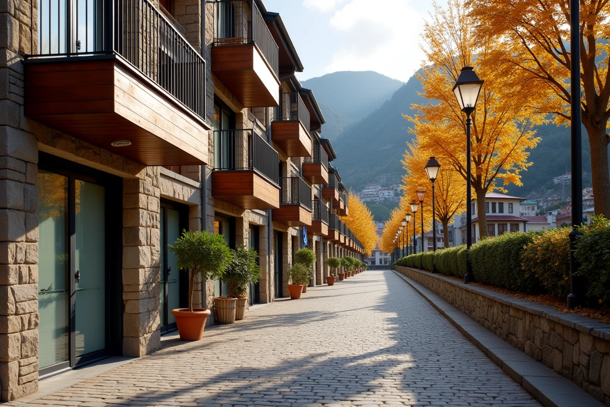 Rue résidentielle pittoresque avec immeubles en pierre à La Massana en Andorre durant l'automne