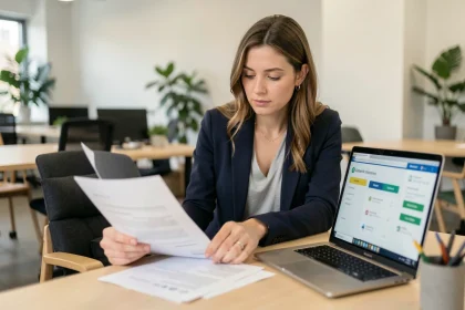 Salariée consultant les documents d'aide au logement ALin sur son bureau en open space