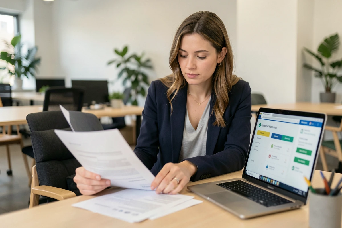 Salariée consultant les documents d'aide au logement ALin sur son bureau en open space