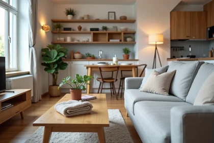 Salon meublé d'une colocation avec canapé, table basse et coin repas conformes aux exigences légales d'un logement meublé