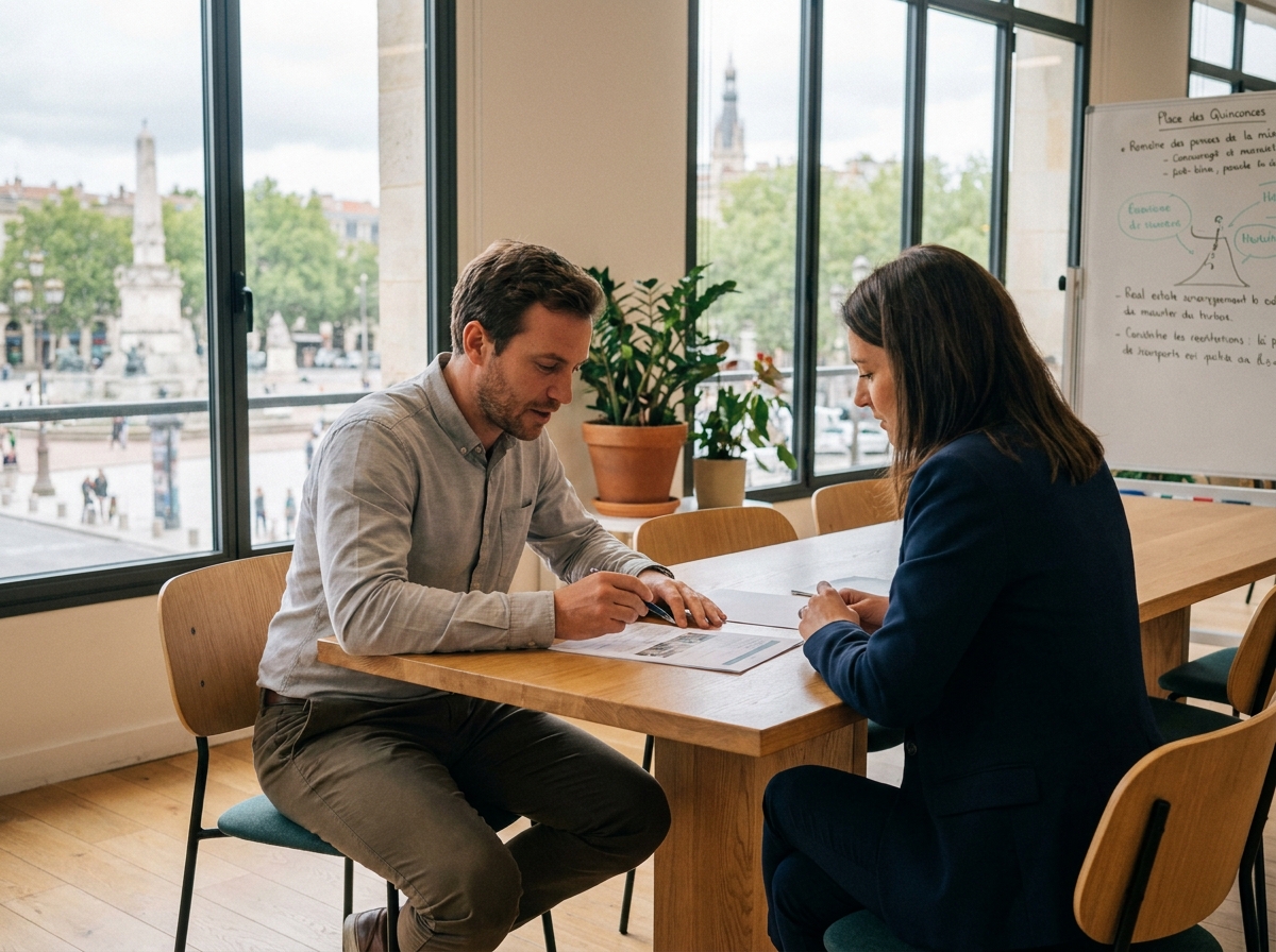 Entrepreneur et agent immobilier examinant un contrat de location de bureau à Bordeaux