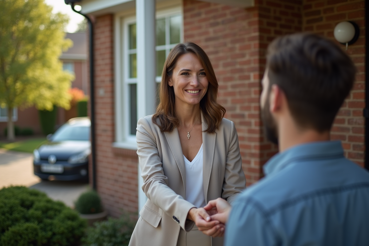 Femme souriante remettant des clés à un couple devant une maison