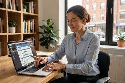 Femme consultant une simulation de prêt immobilier CASDEN sur son ordinateur portable dans un bureau à domicile moderne