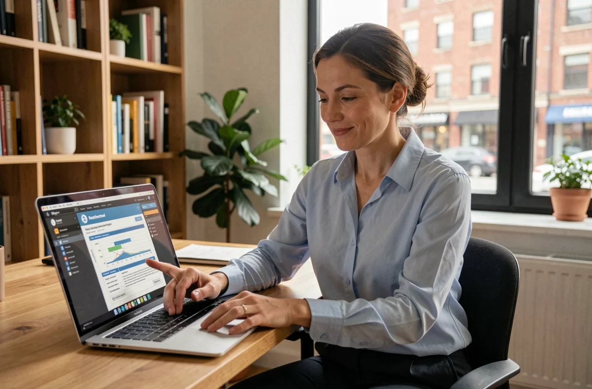 Femme consultant une simulation de prêt immobilier CASDEN sur son ordinateur portable dans un bureau à domicile moderne