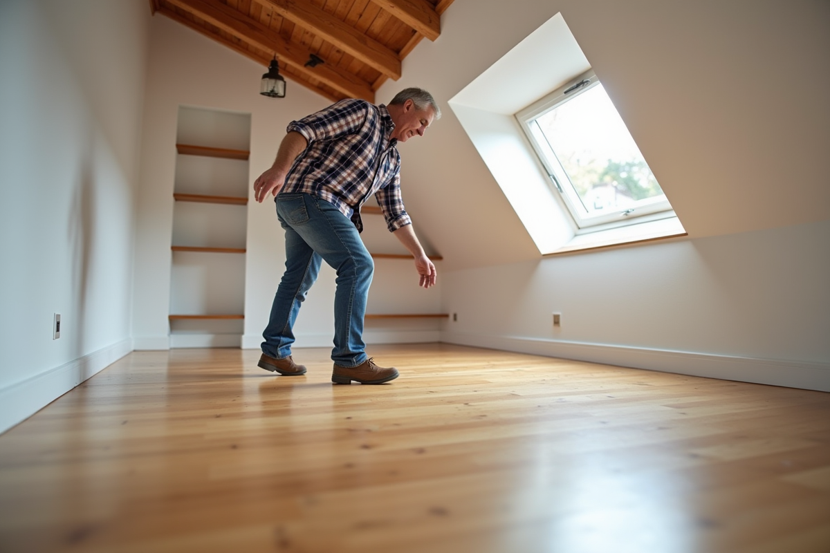 Homme d'âge moyen touchant un sol en bois neuf dans un atelier rénové