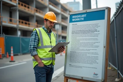 Superviseur de chantier urbain examinant un panneau r&eacute;glementaire