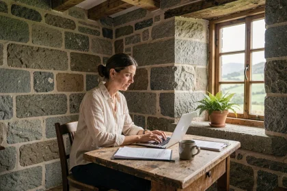 Femme en télétravail dans une maison en pierre bretonne avec vue sur la campagne verdoyante