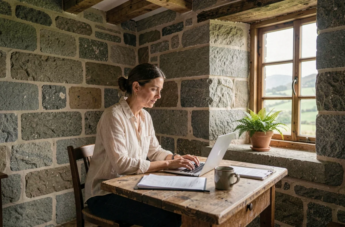 Femme en télétravail dans une maison en pierre bretonne avec vue sur la campagne verdoyante