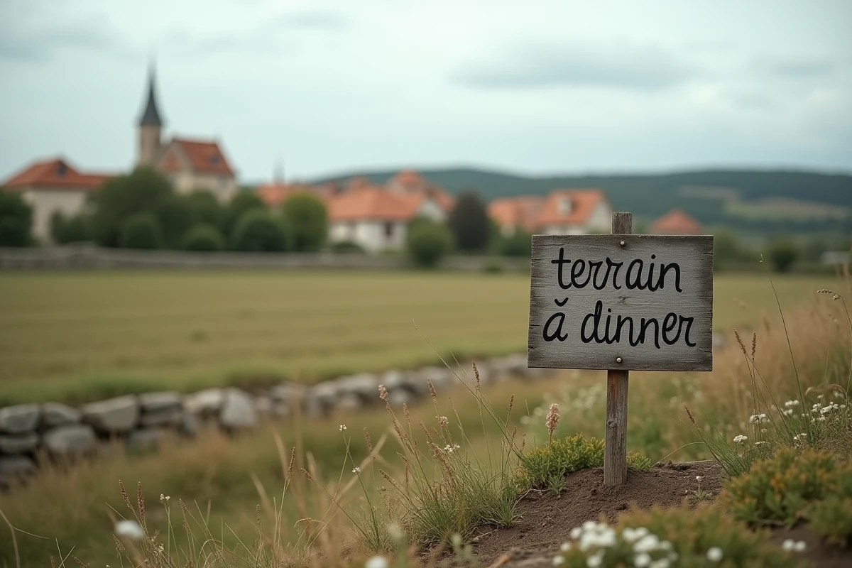 Terrain vague à donner gratuitement en zone rurale française avec panneau en bois et village en arrière-plan